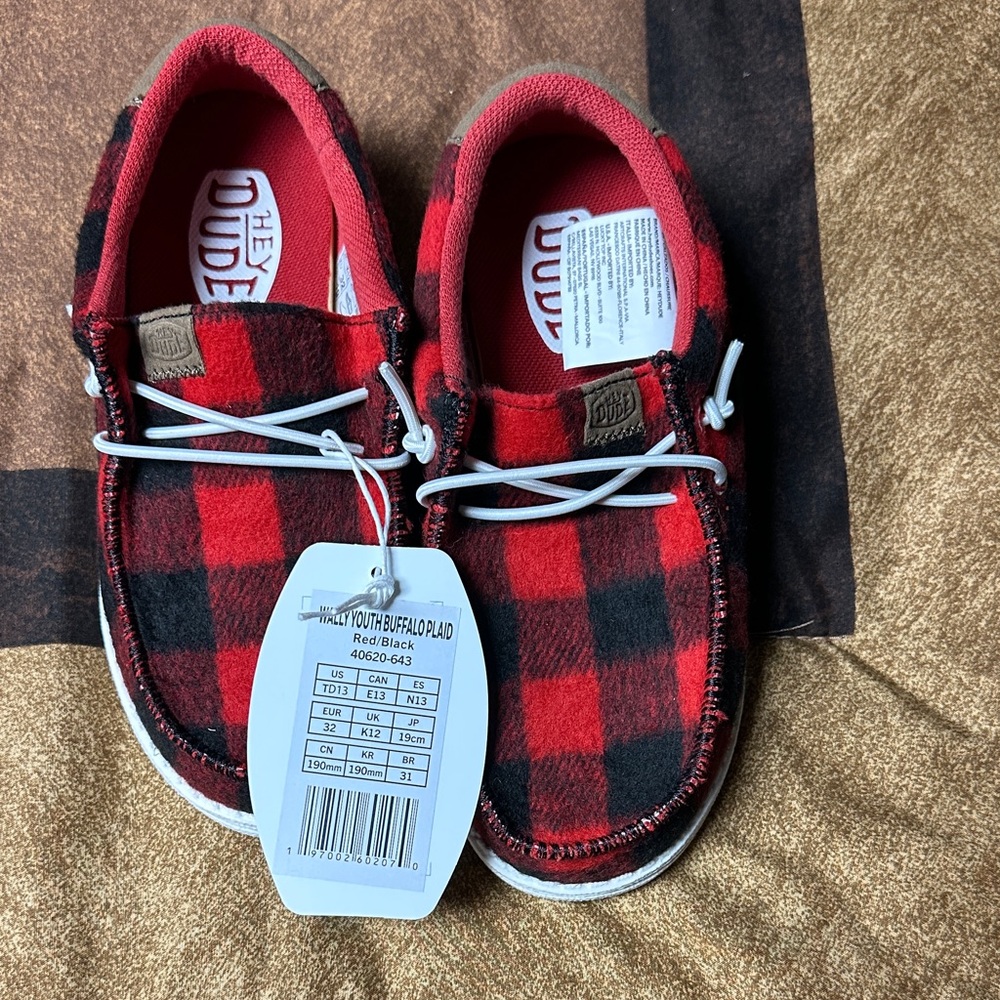 Hey Dude Buffalo Plaid Red and Black Shoes